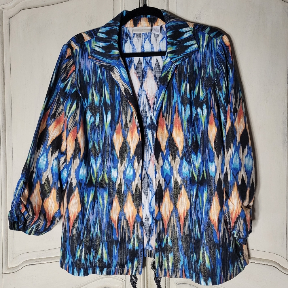 Chicos Linen Blend Metallic Multicolor Graphic 3/4 Ruche Sleeve Jacket *sz 2 (L)
